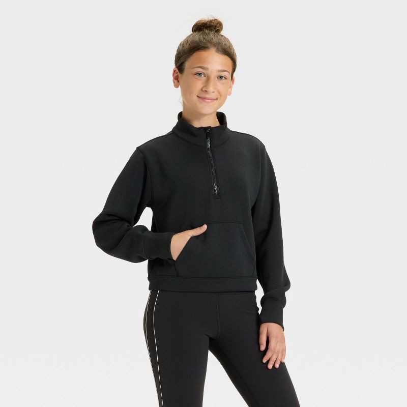 slide 1 of 3, Girls' Airy Sleek 1/2 Zip Sweatshirt - All In Motion™ Black XS, 1 ct
