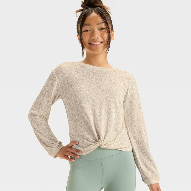 slide 3 of 4, Girls' Modal French Terry Crewneck Sweatshirt - All In Motion™ Cream Leopard Print M, 1 ct