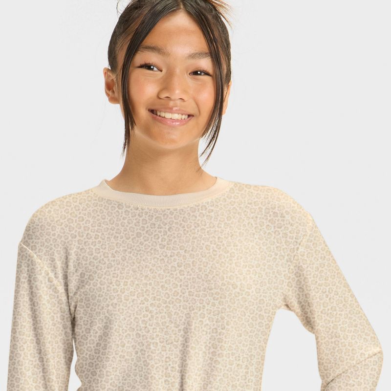 slide 4 of 4, Girls' Modal French Terry Crewneck Sweatshirt - All In Motion™ Cream Leopard Print M, 1 ct