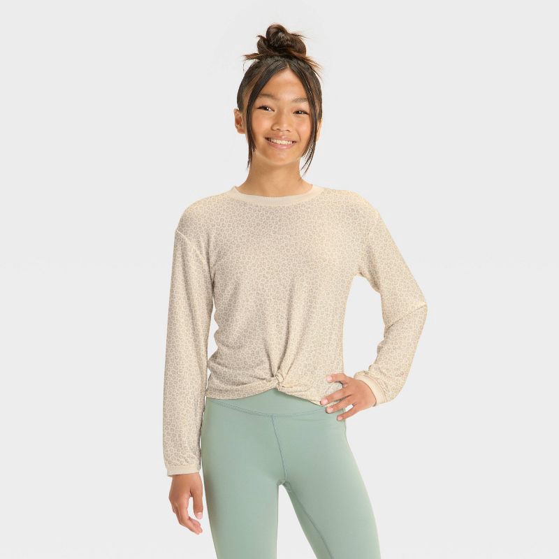 slide 1 of 4, Girls' Modal French Terry Crewneck Sweatshirt - All In Motion™ Cream Leopard Print XL, 1 ct