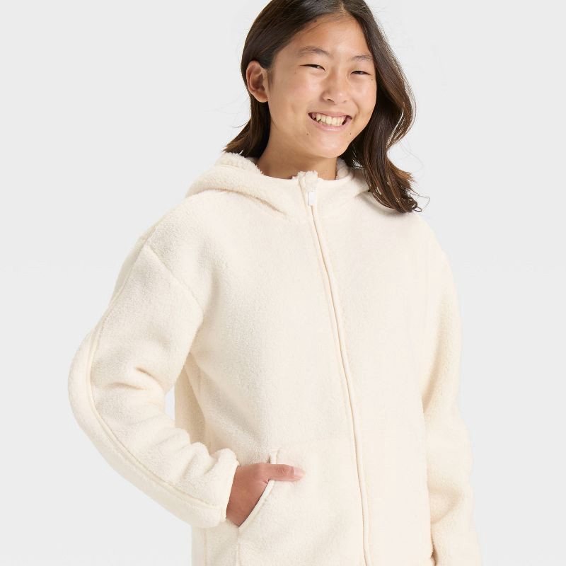 slide 3 of 3, Girls' High Pile Fleece Full Zip Jacket - All In Motion™ Cream L, 1 ct