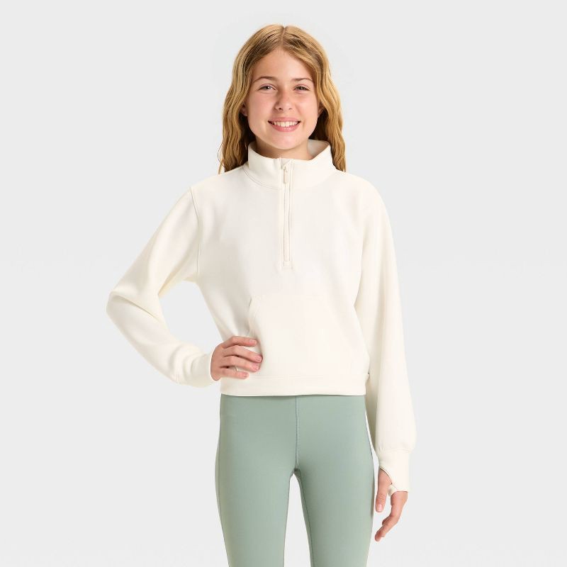 slide 1 of 3, Girls' Airy Sleek 1/2 Zip Sweatshirt - All In Motion™ Cream S, 1 ct