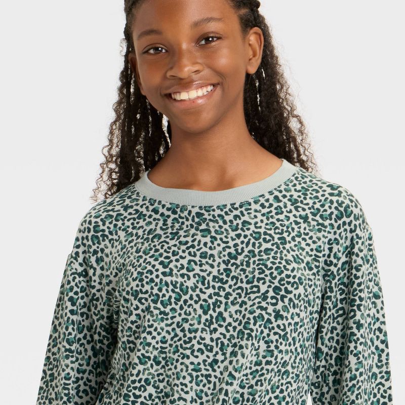 slide 2 of 3, Girls' Modal French Terry Crewneck Sweatshirt - All In Motion™ Fern Green Leopard Print XL, 1 ct
