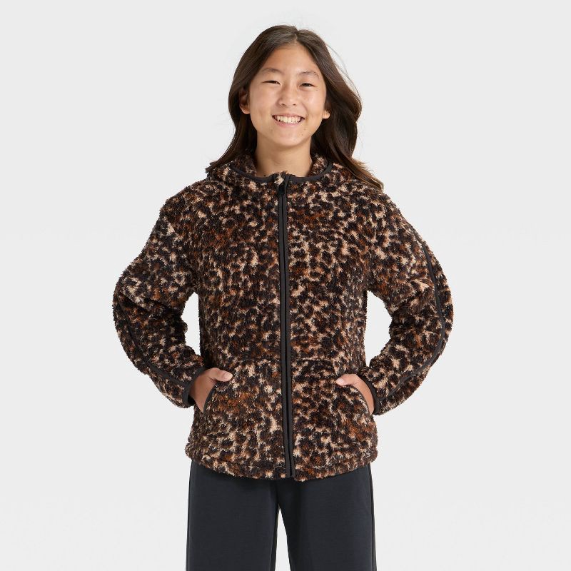 slide 1 of 3, Girls' High Pile Fleece Full Zip Jacket - All In Motion™ Brown S, 1 ct