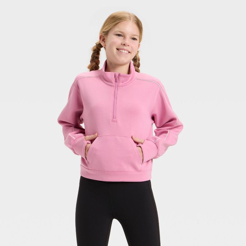 slide 1 of 3, Girls' Airy Sleek Piped 1/2 Zip Pullover Sweatshirt - All In Motion™ Rose Pink S, 1 ct