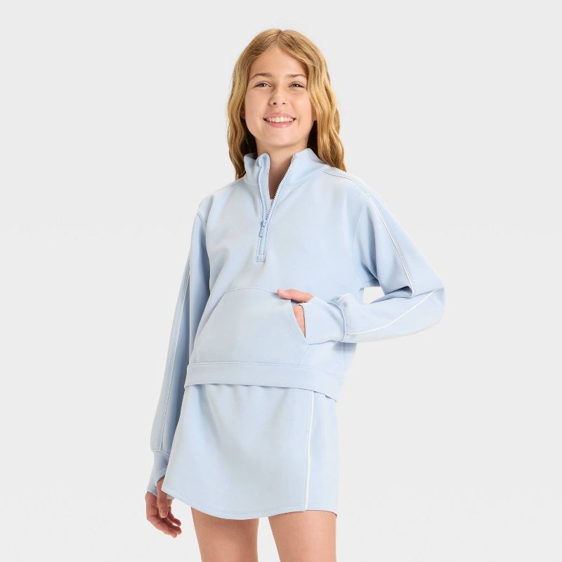 slide 1 of 3, Girls' Airy Sleek Piped 1/2 Zip Pullover Sweatshirt - All In Motion™ Sky Blue S, 1 ct