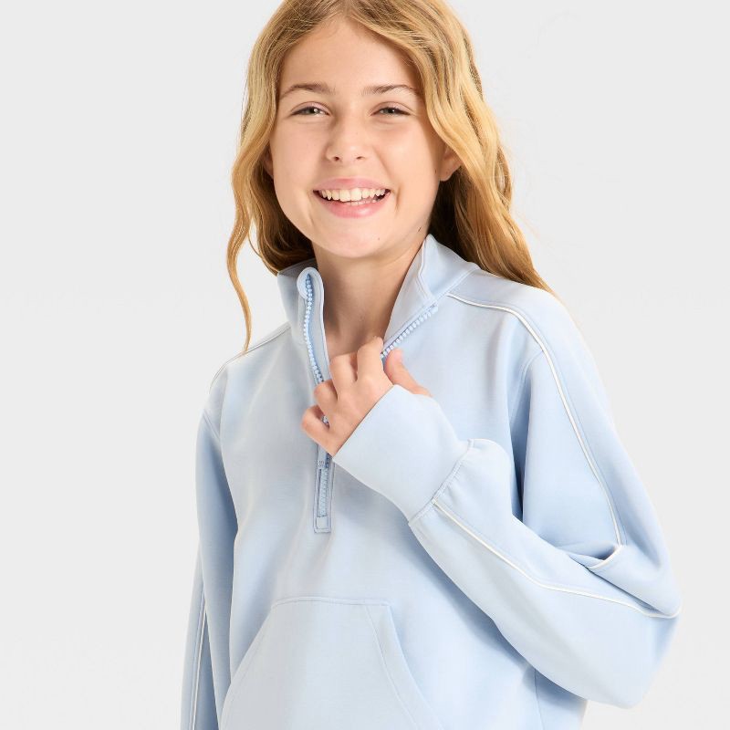 slide 3 of 3, Girls' Airy Sleek Piped 1/2 Zip Pullover Sweatshirt - All In Motion™ Sky Blue M, 1 ct