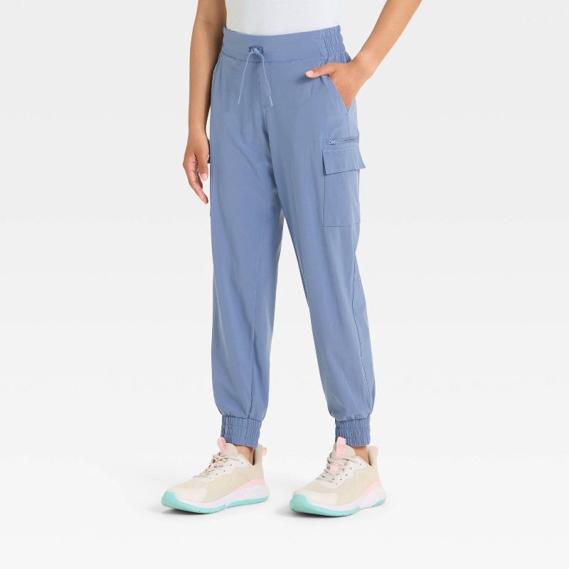 slide 1 of 3, Girls' Woven Cargo Jogger Pants - All In Motion™ Slate Blue M, 1 ct