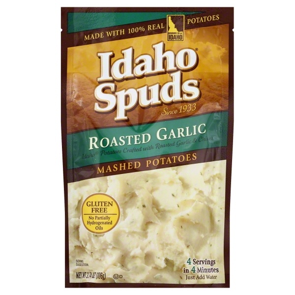 slide 1 of 1, Idaho Spuds Roasted Garlic Mashed Potatoes, 3.7 oz