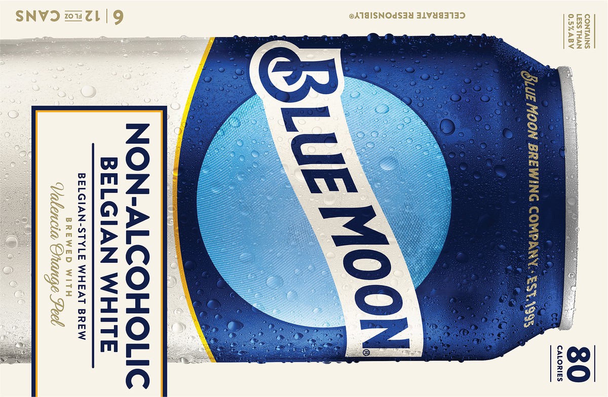 slide 8 of 13, Blue Moon Non Alcoholic Belgian Style Wheat Beer 0.45% 6 Pack, 12 fl oz Cans, 12 fl oz