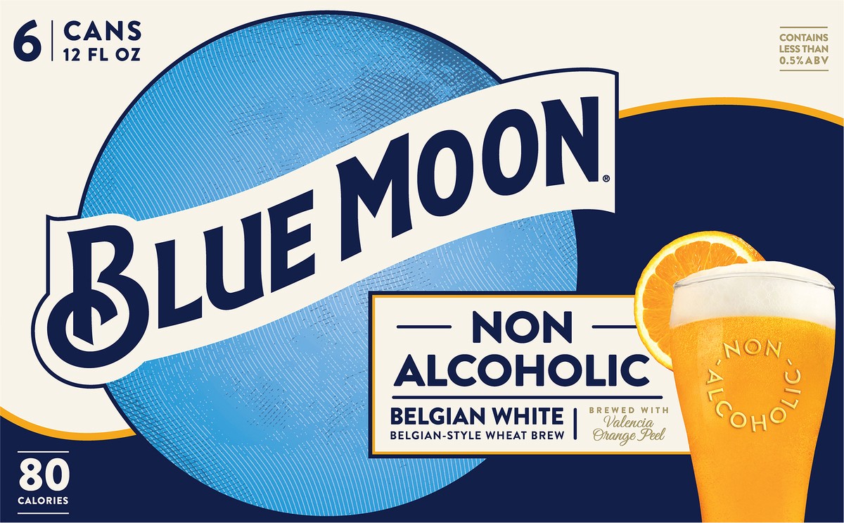 slide 9 of 13, Blue Moon Non Alcoholic Belgian Style Wheat Beer 0.45% 6 Pack, 12 fl oz Cans, 12 fl oz