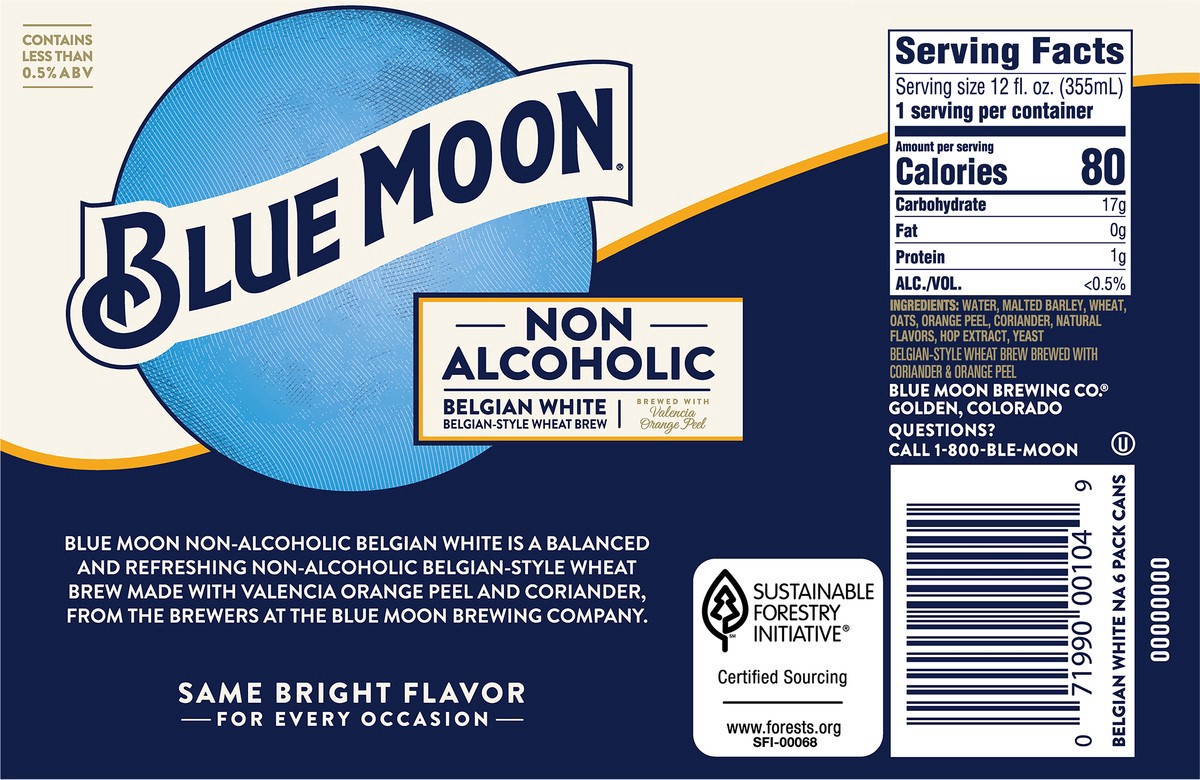 slide 3 of 13, Blue Moon Non Alcoholic Belgian Style Wheat Beer 0.45% 6 Pack, 12 fl oz Cans, 6 ct; 12 oz