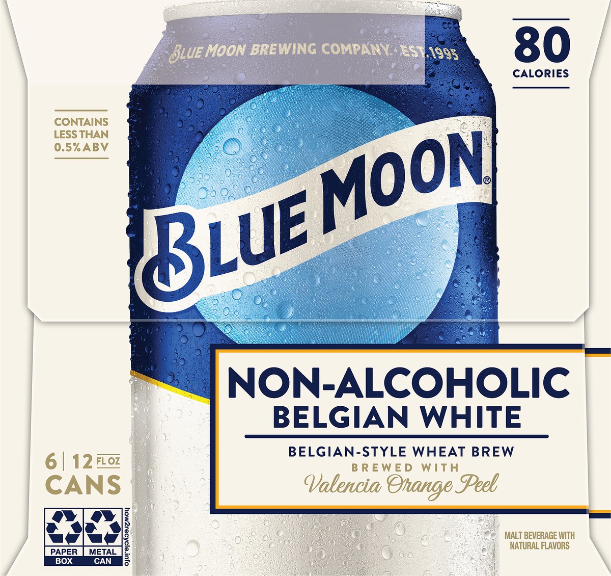 slide 2 of 13, Blue Moon Non Alcoholic Belgian Style Wheat Beer 0.45% 6 Pack, 12 fl oz Cans, 12 fl oz