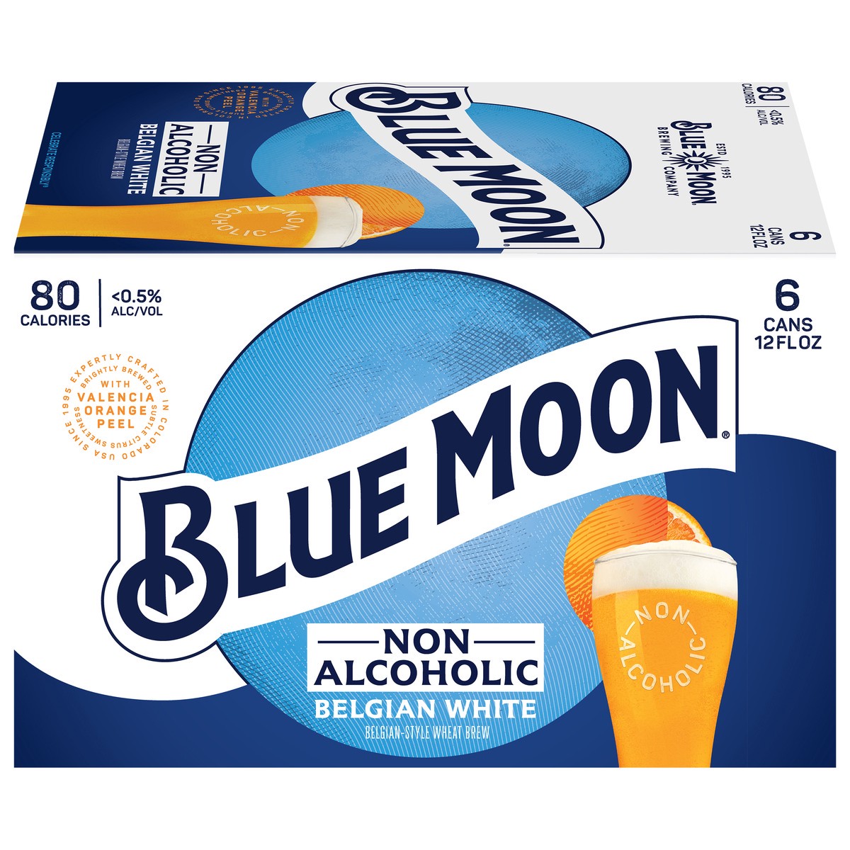 slide 1 of 13, Blue Moon Non Alcoholic Belgian Style Wheat Beer 0.45% 6 Pack, 12 fl oz Cans, 12 fl oz