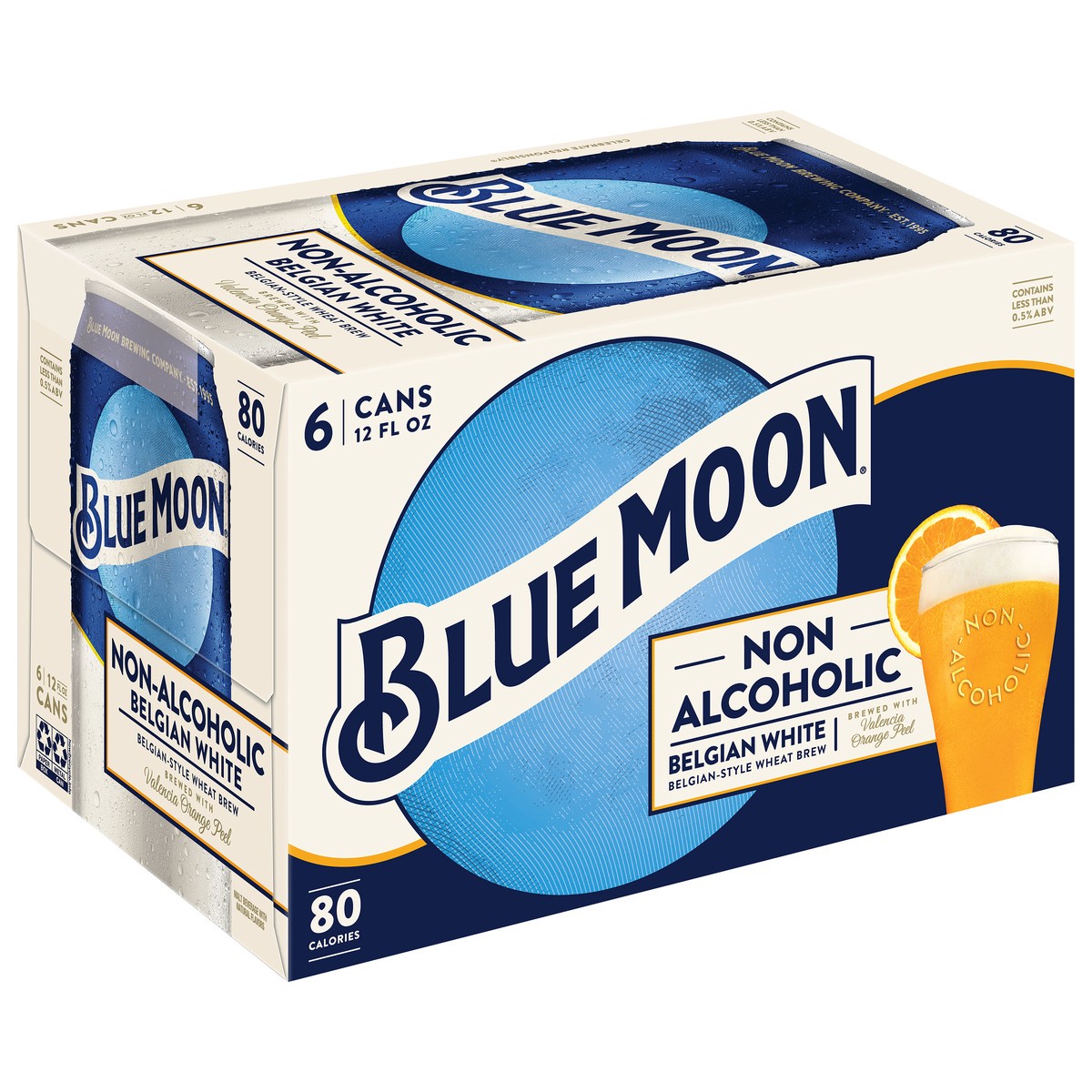 slide 3 of 13, Blue Moon Non Alcoholic Belgian Style Wheat Beer 0.45% 6 Pack, 12 fl oz Cans, 12 fl oz