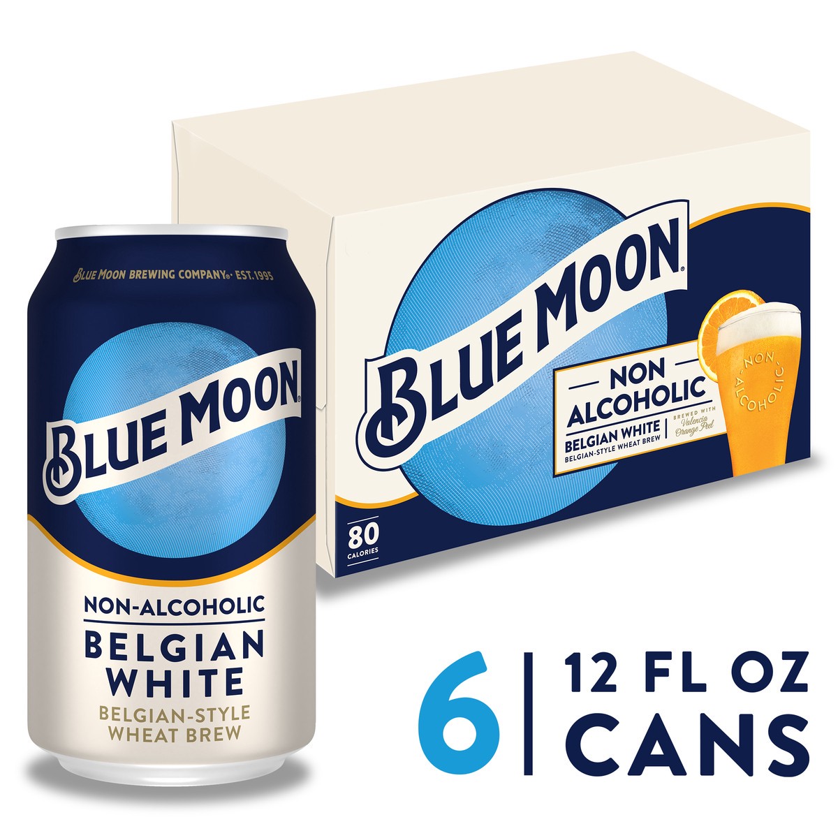slide 6 of 13, Blue Moon Non Alcoholic Belgian Style Wheat Beer 0.45% 6 Pack, 12 fl oz Cans, 12 fl oz