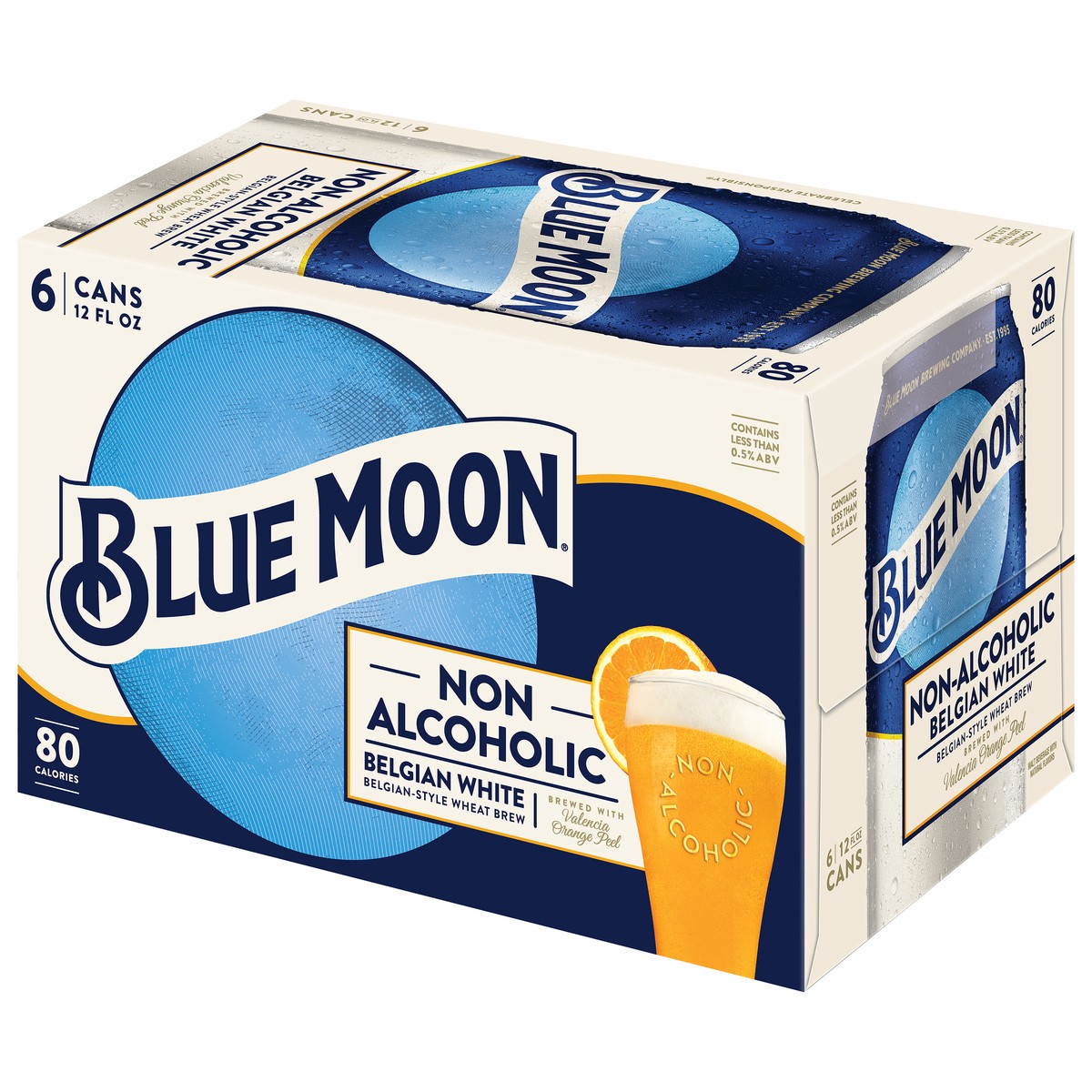 slide 13 of 13, Blue Moon Non Alcoholic Belgian Style Wheat Beer 0.45% 6 Pack, 12 fl oz Cans, 12 fl oz