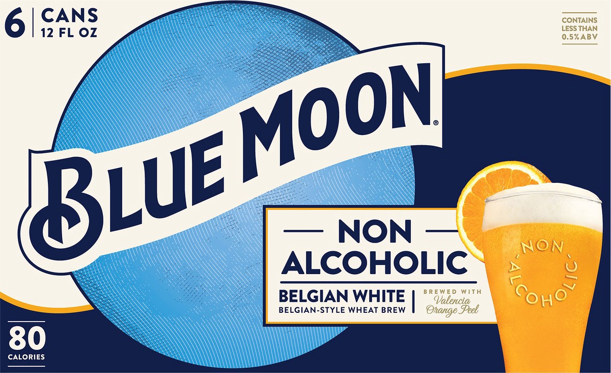 slide 13 of 13, Blue Moon Non Alcoholic Belgian Style Wheat Beer 0.45% 6 Pack, 12 fl oz Cans, 6 ct; 12 oz