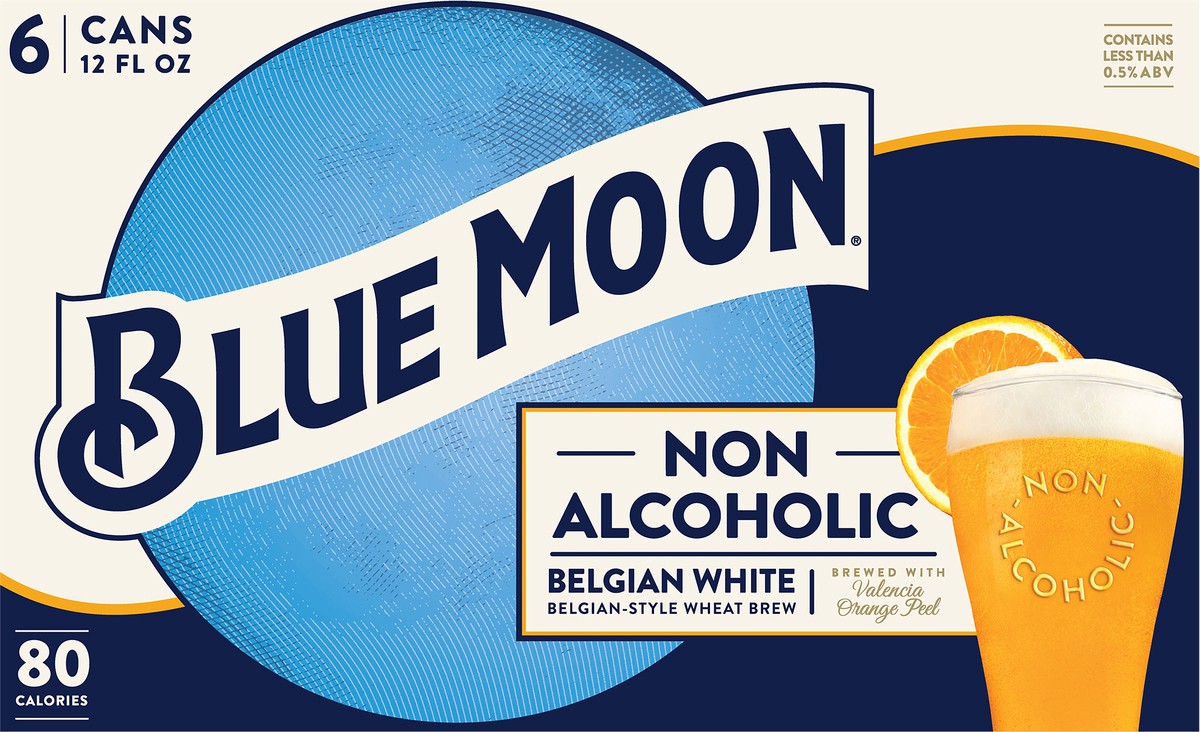 slide 7 of 13, Blue Moon Non Alcoholic Belgian Style Wheat Beer 0.45% 6 Pack, 12 fl oz Cans, 12 fl oz