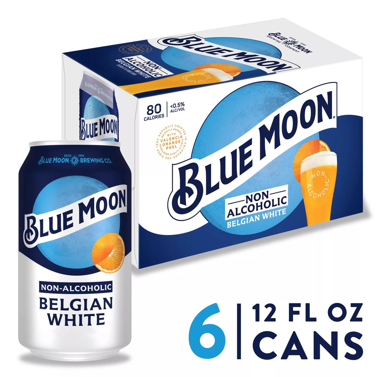 slide 1 of 13, Blue Moon Non-Alcoholic Belgian White Blue Moon Non Alcoholic Belgian Style Wheat Beer, 12 oz