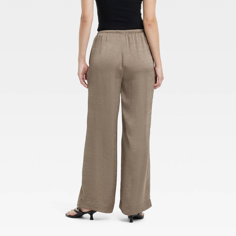 slide 2 of 3, Women's Mid-Rise Straight Leg Crinkle Satin Pull-On Pants - A New Day™ Brown S: Lightweight, Side Pocket, 30.5" Inseam, 1 ct