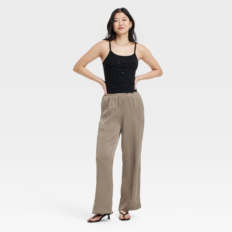 slide 3 of 3, Women's Mid-Rise Straight Leg Crinkle Satin Pull-On Pants - A New Day™ Brown S: Lightweight, Side Pocket, 30.5" Inseam, 1 ct