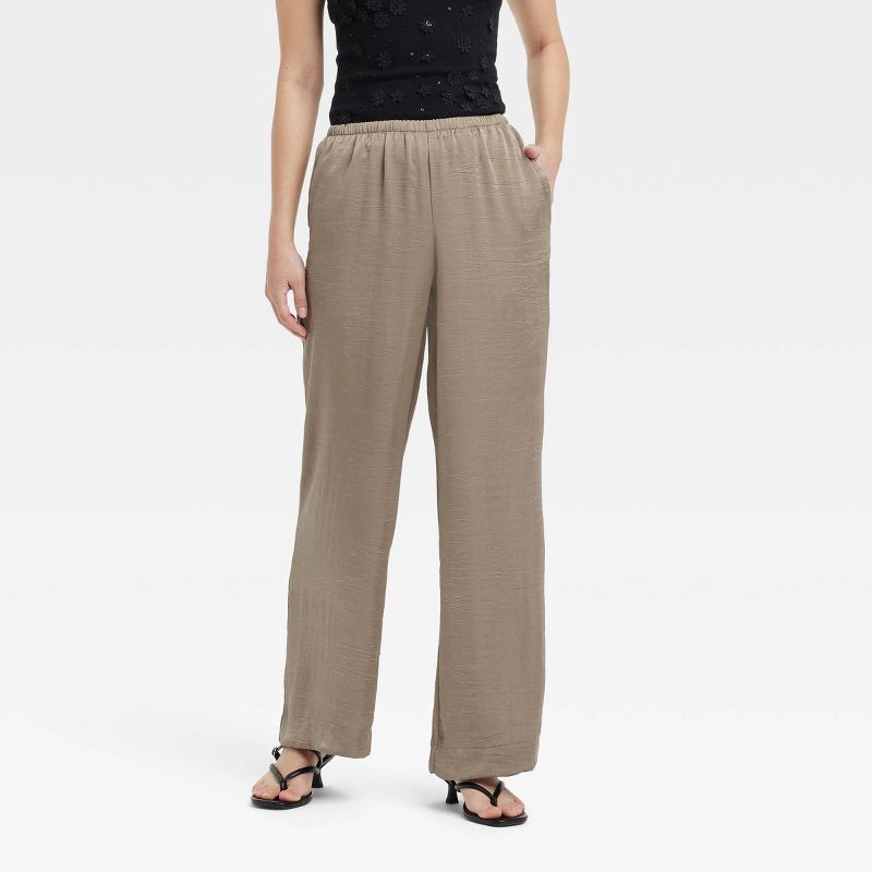 slide 1 of 3, Women's Mid-Rise Straight Leg Crinkle Satin Pull-On Pants - A New Day™ Brown S: Lightweight, Side Pocket, 30.5" Inseam, 1 ct