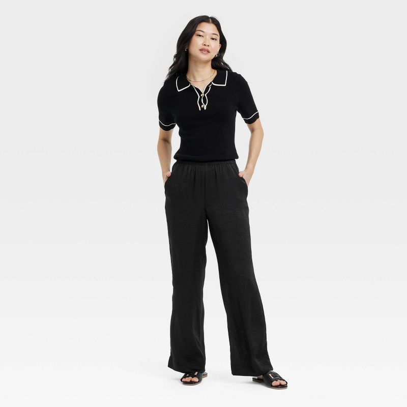 slide 3 of 3, Women's Mid-Rise Straight Leg Crinkle Satin Pull-On Pants - A New Day™ Black XS: Side Pocket, 1 ct