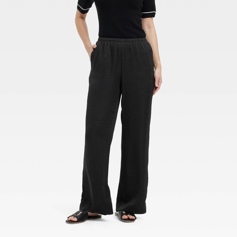 slide 1 of 3, Women's Mid-Rise Straight Leg Crinkle Satin Pull-On Pants - A New Day™ Black XS: Side Pocket, 1 ct