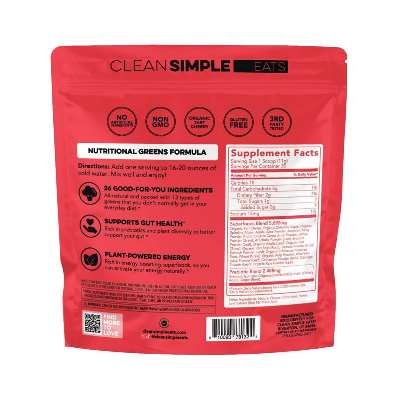 slide 7 of 7, Clean Simple Eats Greens Supplement Powder - Cherry Limeade - 11.6oz/30 Servings, 11.6 oz, 30 servings