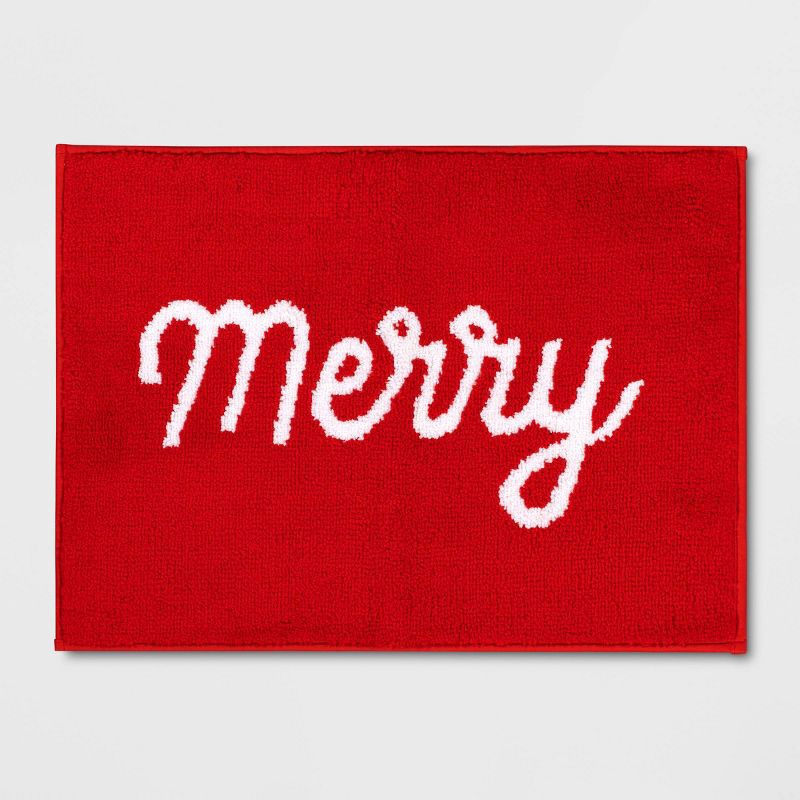 slide 1 of 4, 17"x24" 'Merry' Christmas Bath Rug Red - Wondershop™, 1 ct