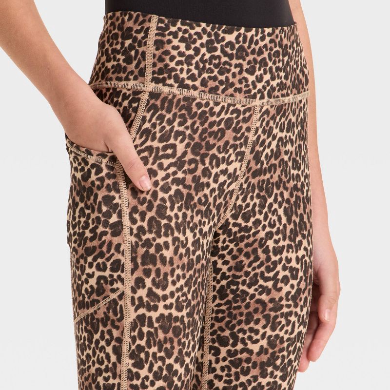 slide 3 of 3, Girls' Everyday Soft Pocket Leggings - All In Motion™ Light Brown Leopard Print M, 1 ct
