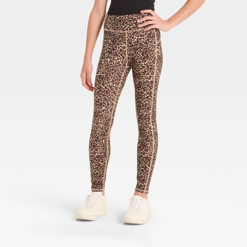 slide 1 of 3, Girls' Everyday Soft Pocket Leggings - All In Motion™ Light Brown Leopard Print M, 1 ct