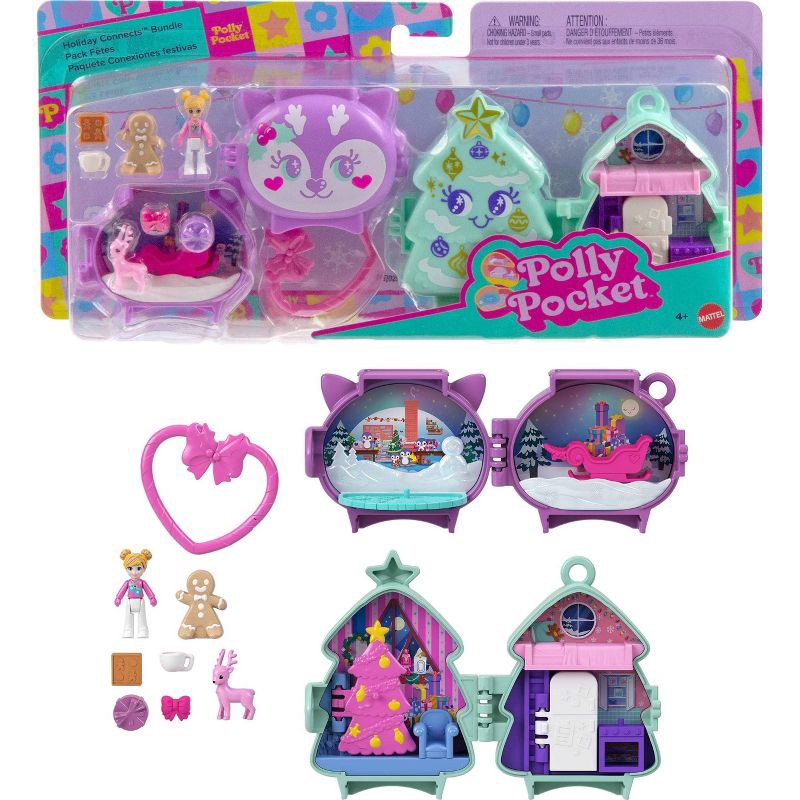 slide 1 of 6, Polly Pocket Holiday Connects Bundle, Stackable Compact Playset with Micro Doll Accessories, & Pet, 1 ct