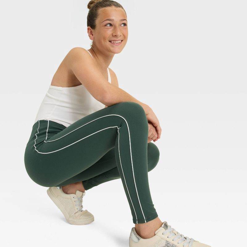 slide 3 of 3, Girls' Everyday Soft Piped Leggings - All In Motion™ Dark Green M, 1 ct