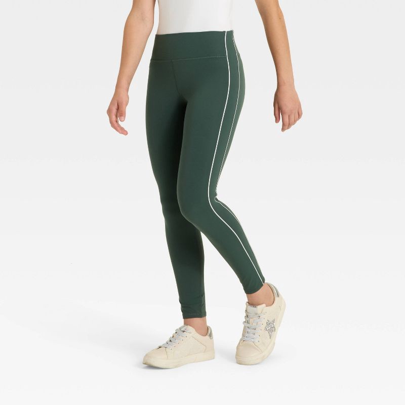 slide 1 of 3, Girls' Everyday Soft Piped Leggings - All In Motion™ Dark Green M, 1 ct