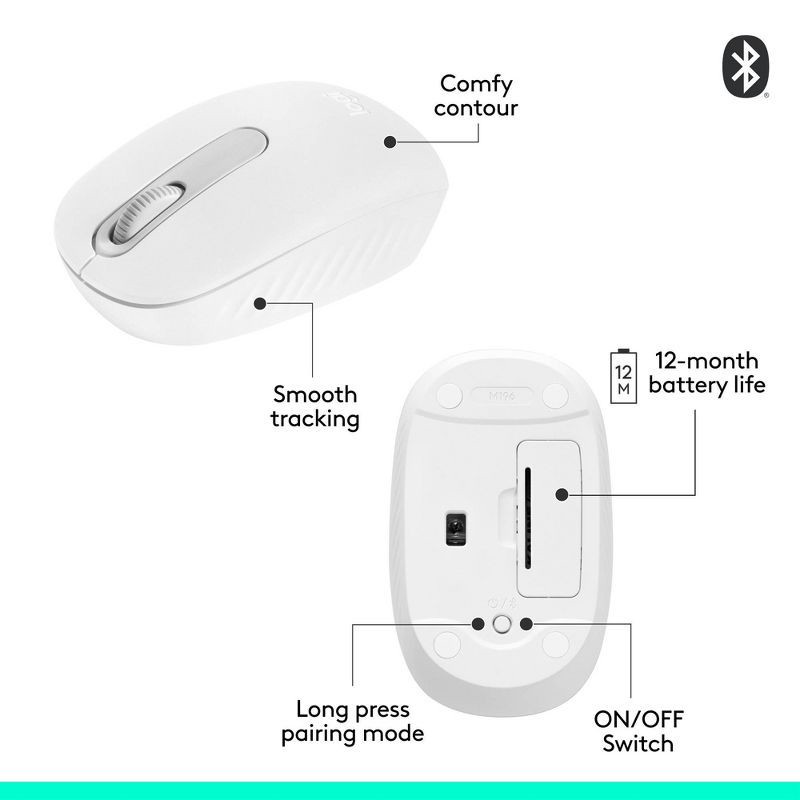 slide 7 of 10, Logitech M196 Bluetooth Mouse - White: Bluetooth, Home Use, 1 ct