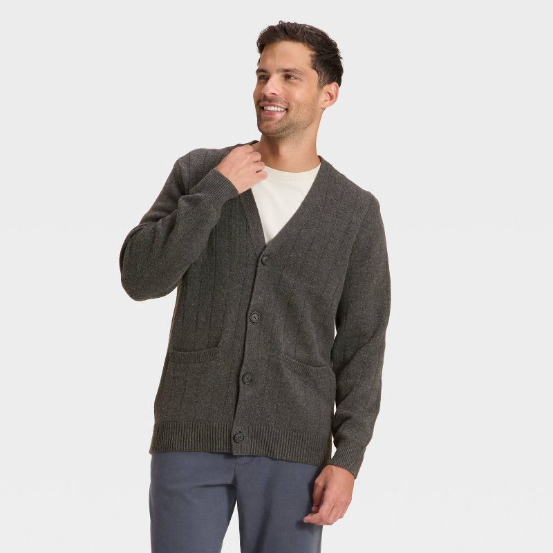 slide 1 of 3, Men's Soft Knit V-Neck Cardigan Sweater - Goodfellow & Co™ Dark Gray L, 1 ct