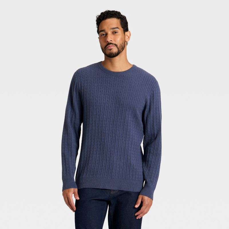 slide 1 of 3, Men's Soft Knit Cable Sweater - Goodfellow & Co™ Navy Blue L, 1 ct
