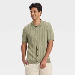 Men's Short Sleeve Striped Full Button Sweater - Goodfellow & Co™ Green Stripe M