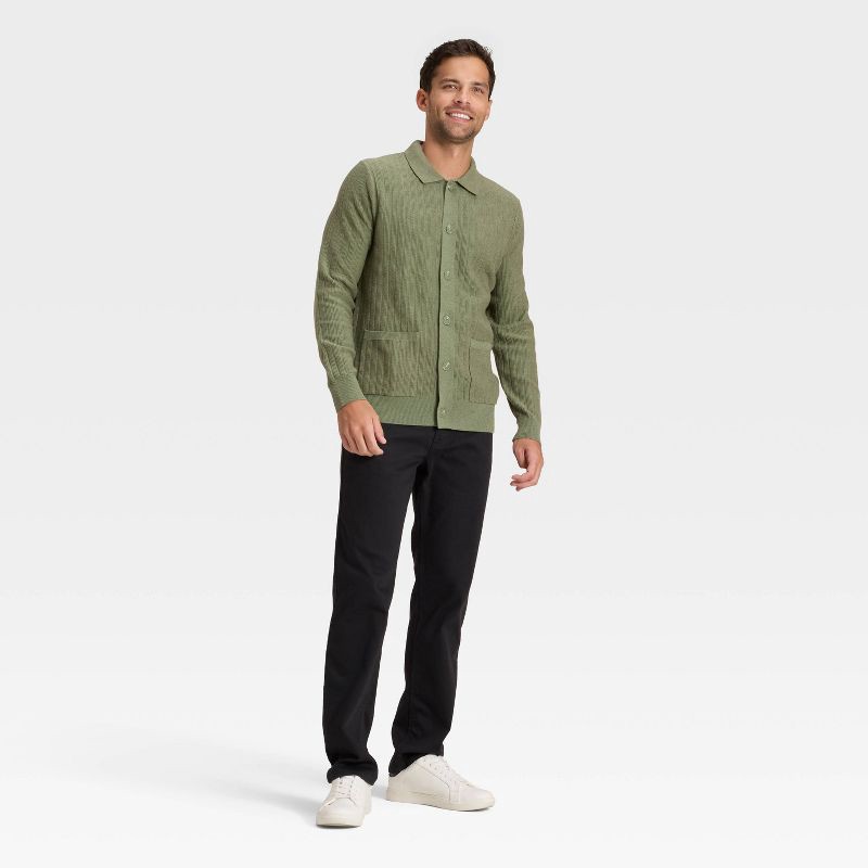 slide 3 of 3, Men's Collared Cardigan Sweater - Goodfellow & Co™ Olive Green XXL, 1 ct