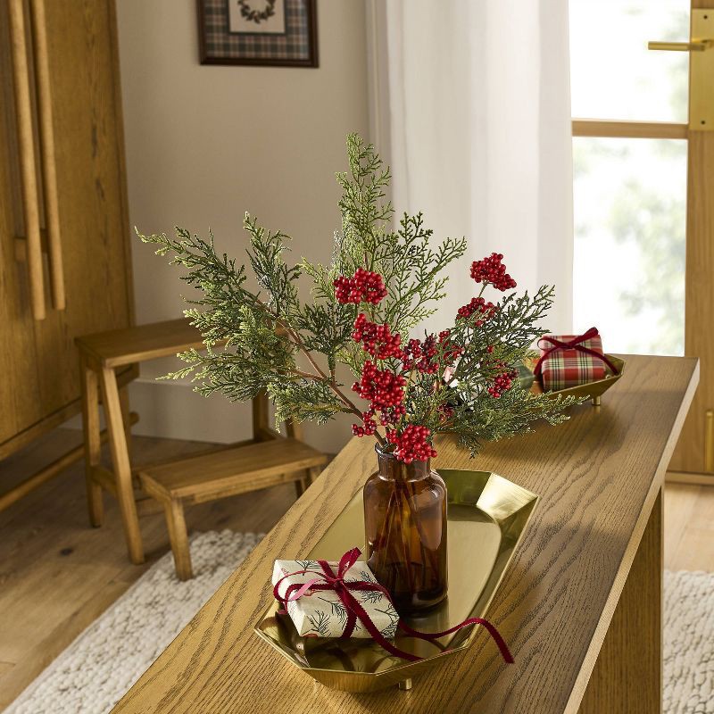 slide 2 of 3, Hearth & Hand with Magnolia 15" Medium Cypress and Red Berry in Amber Vase Artificial Arrangement - Hearth & Hand™ with Magnolia, 1 ct