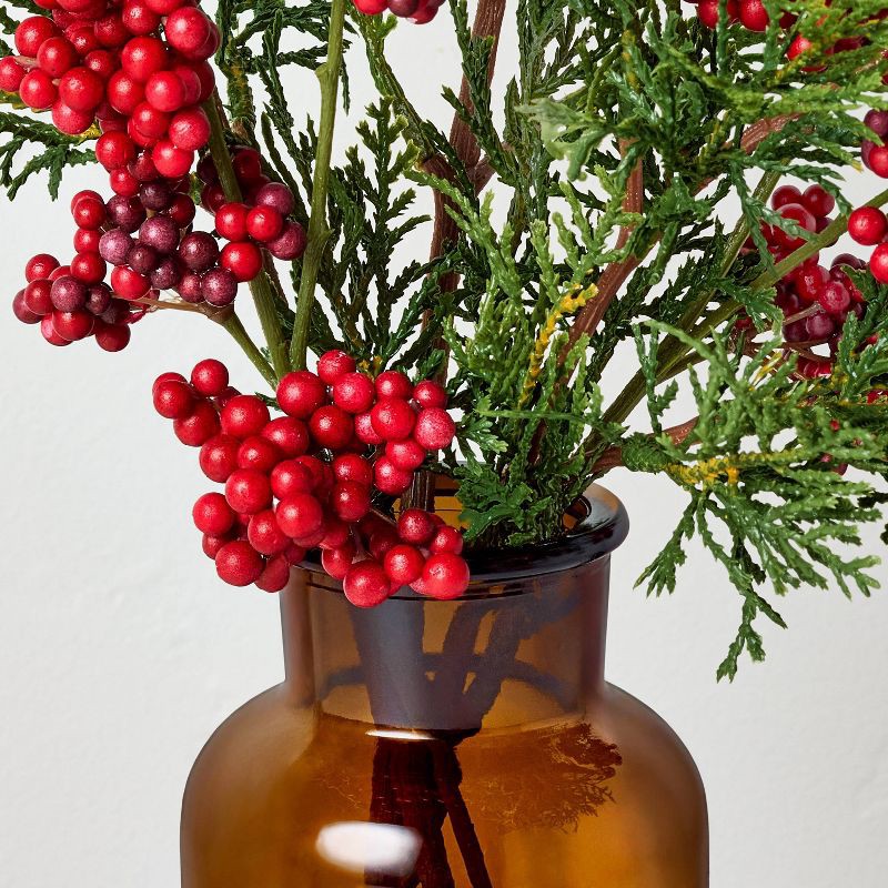 slide 3 of 3, Hearth & Hand with Magnolia 15" Medium Cypress and Red Berry in Amber Vase Artificial Arrangement - Hearth & Hand™ with Magnolia, 1 ct