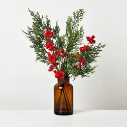 Hearth & Hand with Magnolia 15" Medium Cypress and Red Berry in Amber Vase Artificial Arrangement - Hearth & Hand™ with Magnolia