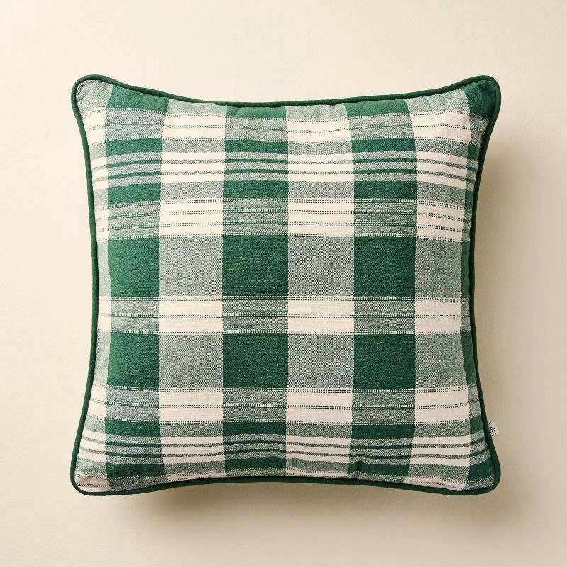 slide 1 of 4, Hearth & Hand with Magnolia 18"x18" Plaid Square Toss Pillow Cream/Green - Hearth & Hand™ with Magnolia, 1 ct