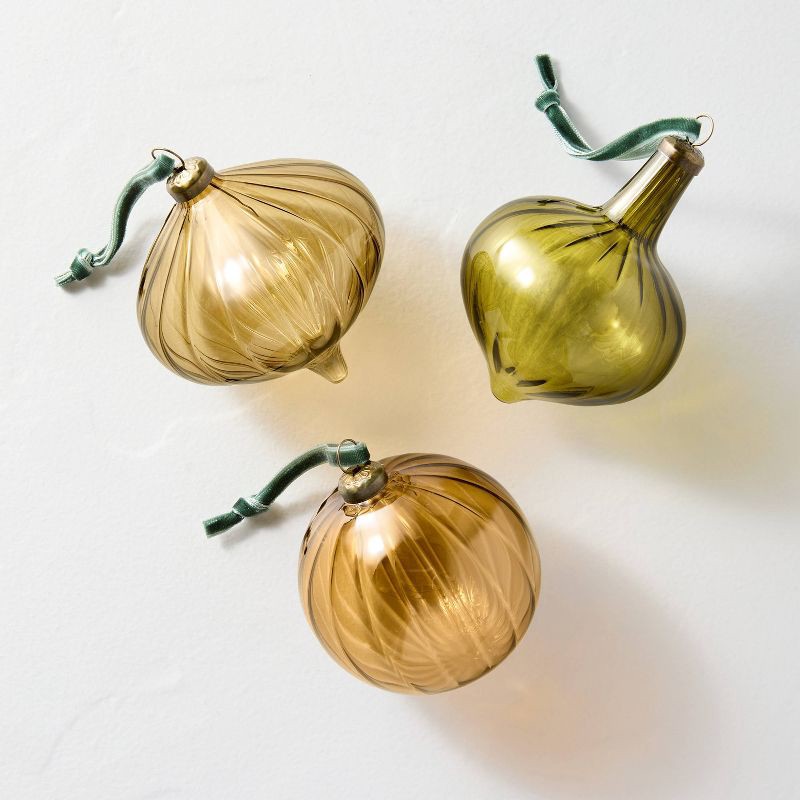 slide 1 of 3, Hearth & Hand with Magnolia 3pk Assorted Colored Glass Ornament Set - Hearth & Hand™ with Magnolia, 3 ct