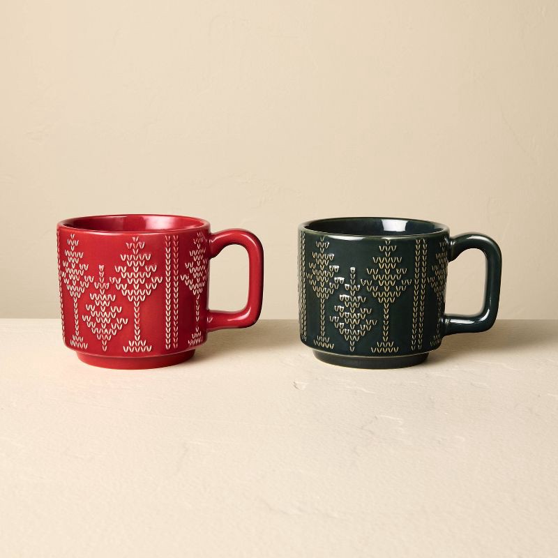 slide 1 of 3, Hearth & Hand with Magnolia Set of 2 14oz Holiday Mug Fairisle Green/Red - Hearth & Hand™ with Magnolia, 14 oz