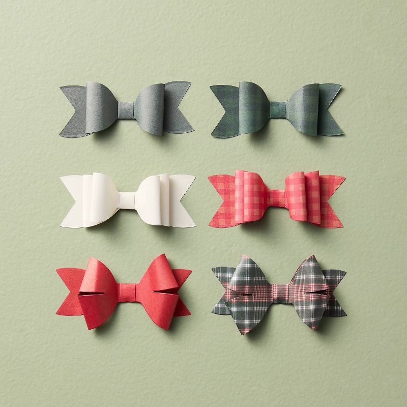 slide 1 of 3, Hearth & Hand with Magnolia 12pc Paper Bow Gift Toppers Reds/Greens/Plaid - Hearth & Hand™ with Magnolia, 12 ct