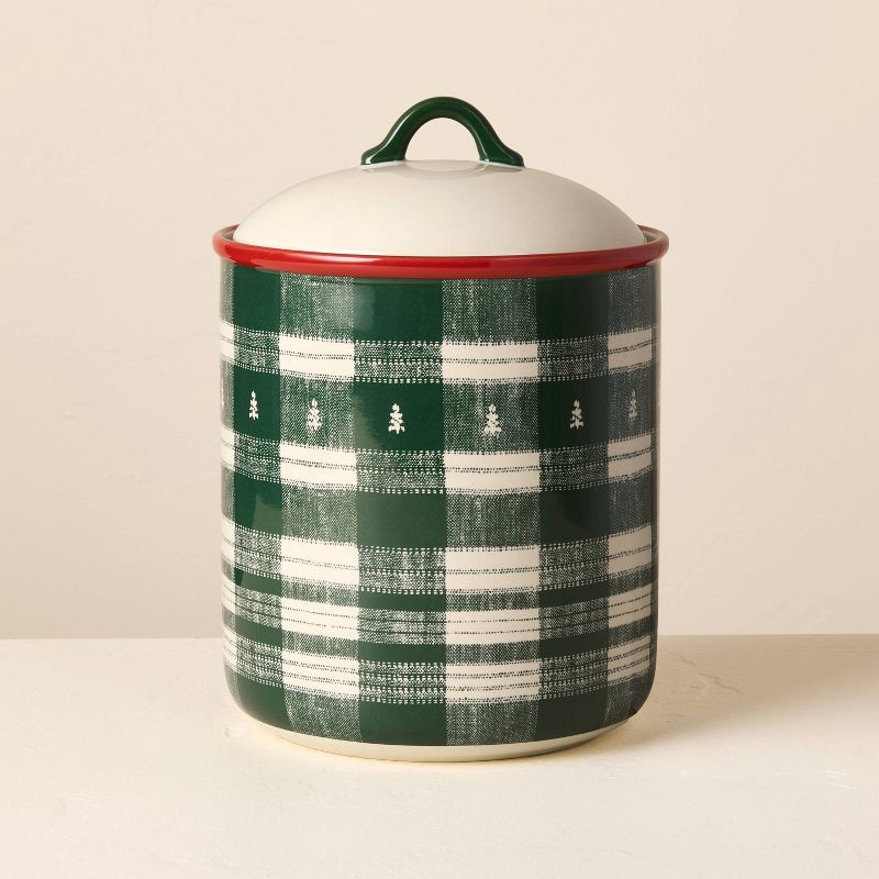 slide 1 of 4, Hearth & Hand with Magnolia Stoneware Reactive Glaze Cookie Jar Cream/Green Plaid - Hearth & Hand™ with Magnolia, 1 ct