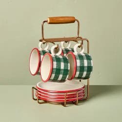 Hearth & Hand with Magnolia 9pc 6.5oz Stoneware Reactive Glaze Hot Cocoa Caddy Green/Cream Plaid - Hearth & Hand™ with Magnolia